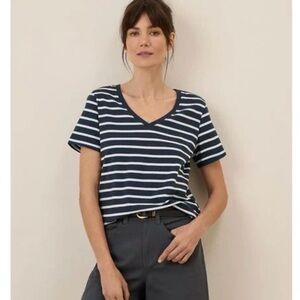 Pact Softspun V-Neck Tee Navy Blue Stripes Size Medium